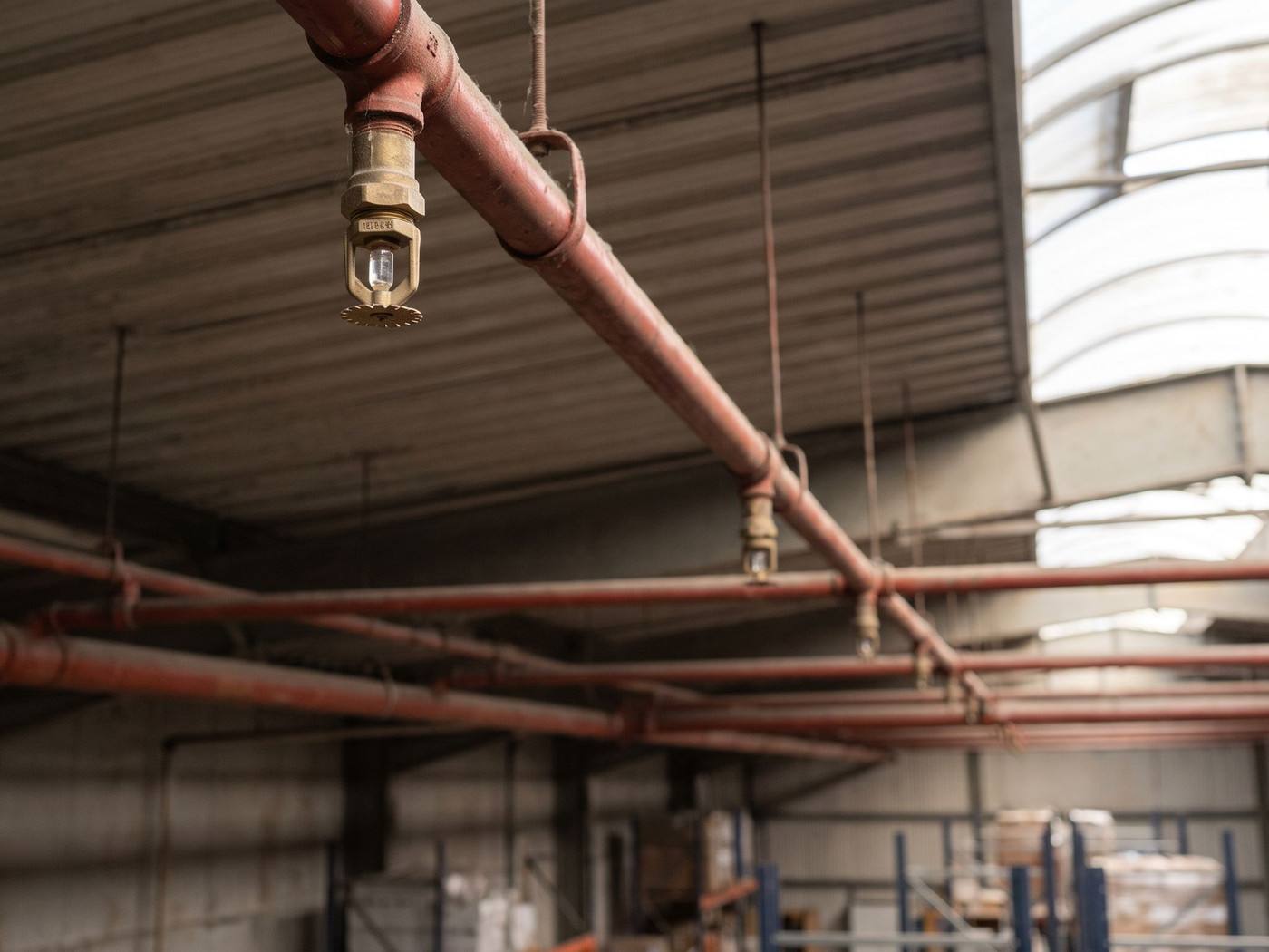 Conduites et têtes sprinkler sous le plafond d'un entrepôt logistique