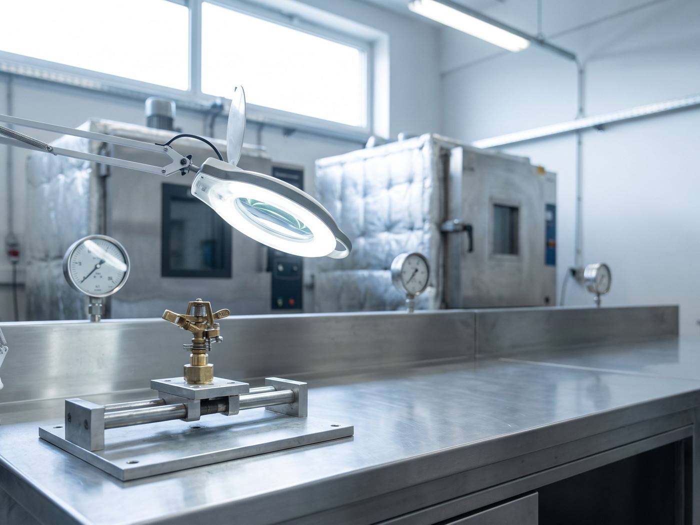 Laborantin examinant une tête sprinkler dans un laboratoire de sécurité incendie